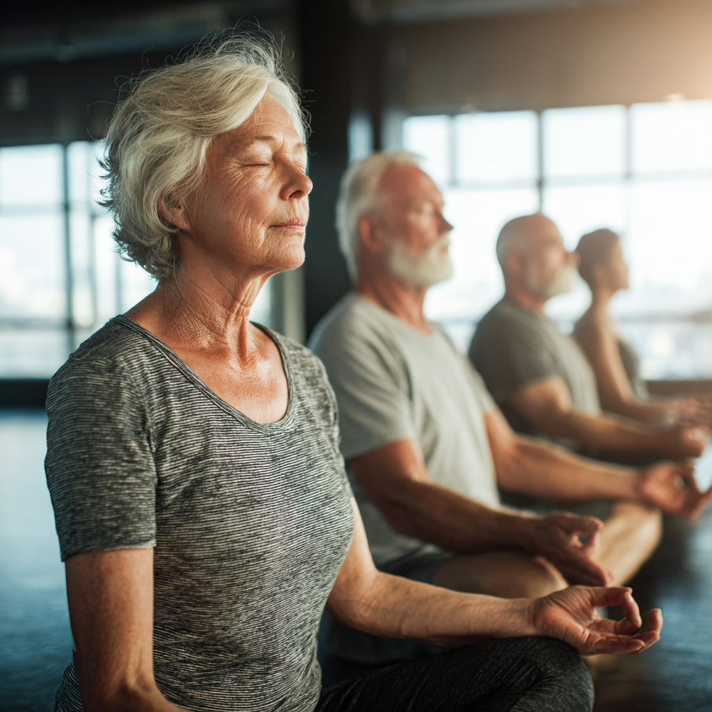 Older adults in peaceful meditation pose during yoga class with gentle lighting